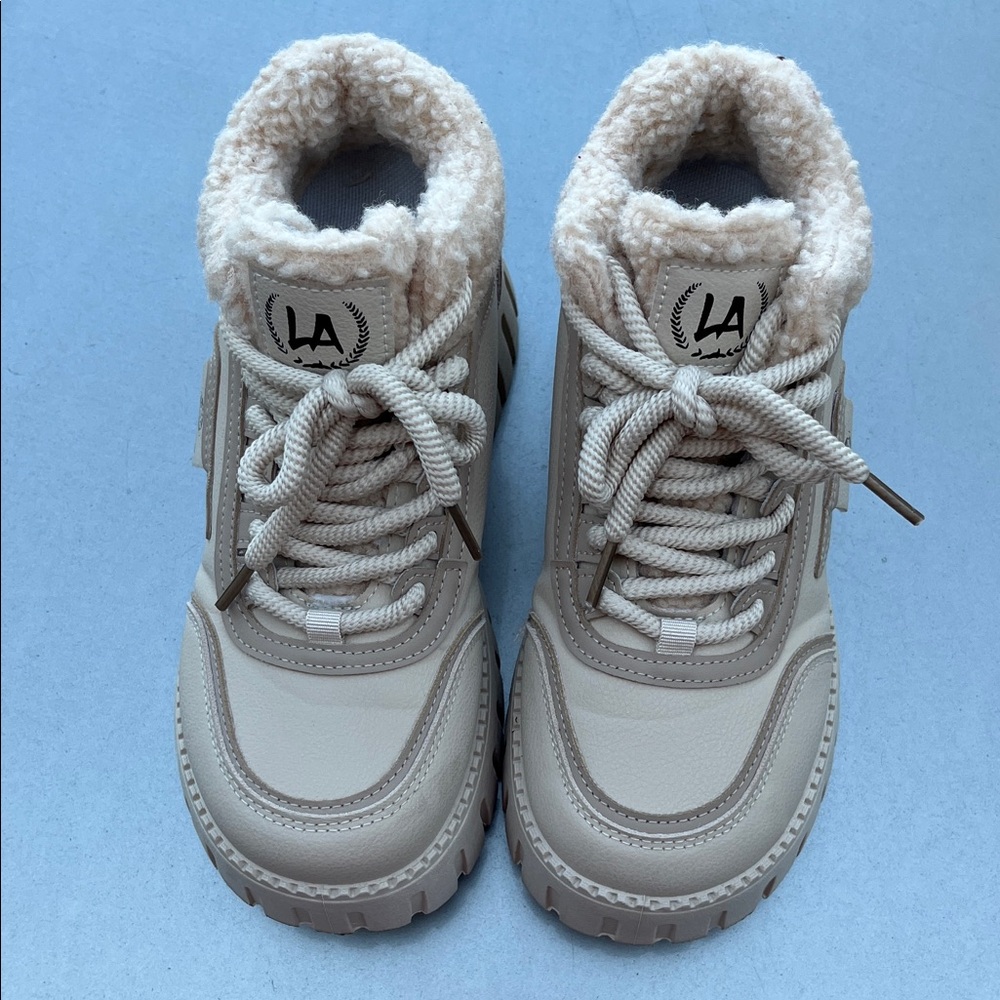 Branded Cream Sherpa-Lined Kids Lace-Up Boots